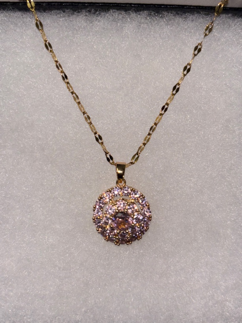Gold Necklace with Spinning Pink Crystal Pave Pendant